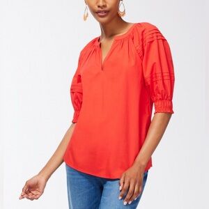Chico’s POPLIN SHIRT SOLID PUFF SLEEVE TOP 3/4 Slv Fashion Top FLAME SCARLET